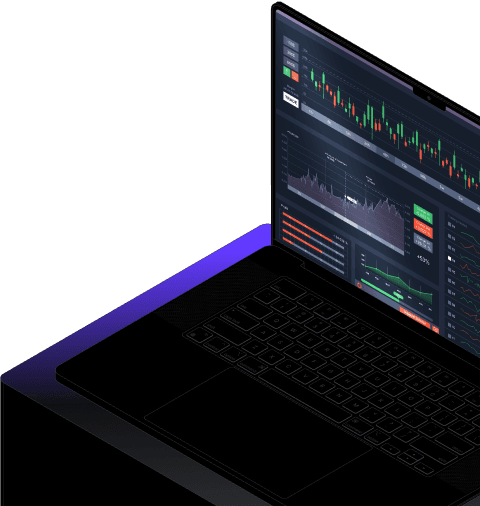 A laptop displaying the interface of a trading platform like Tradovate or TradingView, used for FundedNext.